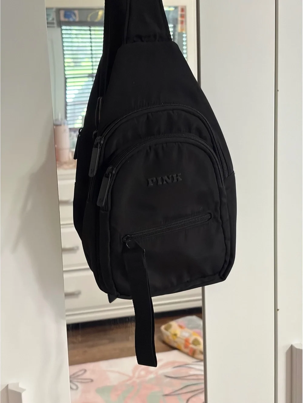 PINK Black Crossbody Sling Bag with Multiple Zippered Compartments